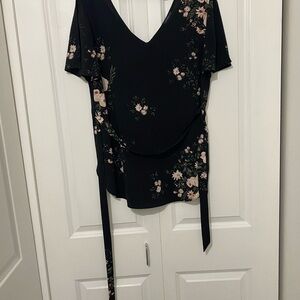 Dynamite Black Floral Wrap Blouse with Tie